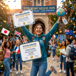 Student celebrating scholarship success with certificates and globe among diverse supporters holding international flags