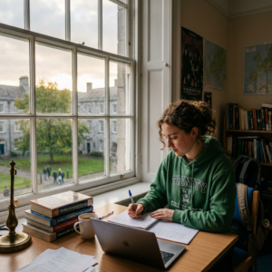 Student in green hoodie writing notes at a desk with laptop and books