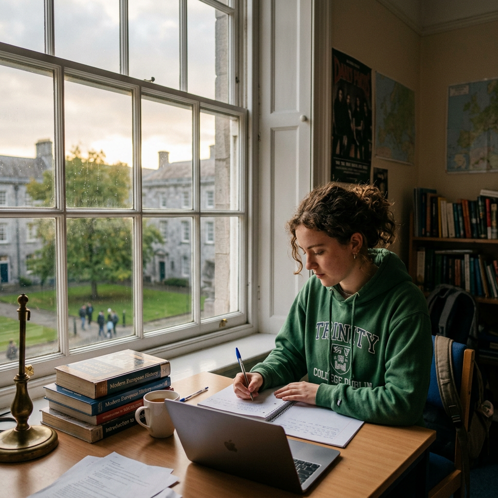 Student in green hoodie writing notes at a desk with laptop and books