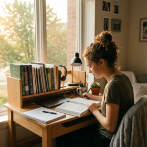 Woman studying at desk with open book and notebook