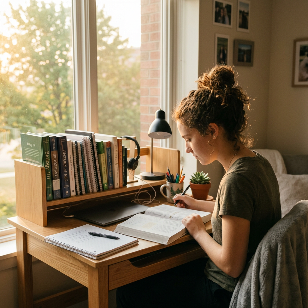 Woman studying at desk with open book and notebook